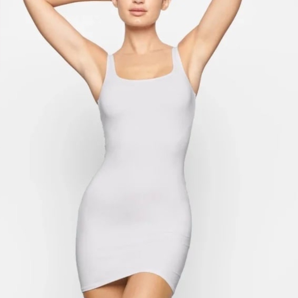 NWT SKIMS Recycled Swim Mini Swim Tank Dress Cover Up White Marble M